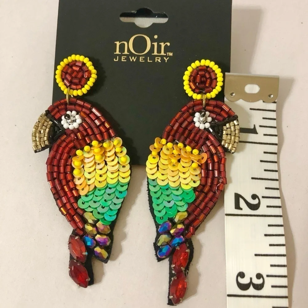 New Noir Parakeet Bird Beaded Sequin Bejewel Earrings