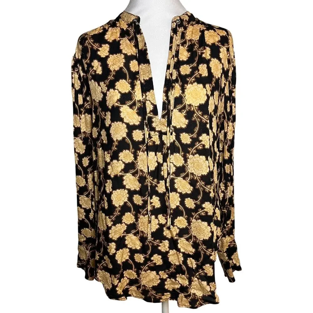 Free People Mia Tunic Floral Blouse Black Brown Size XS V-Neck Flow Boho Cottage