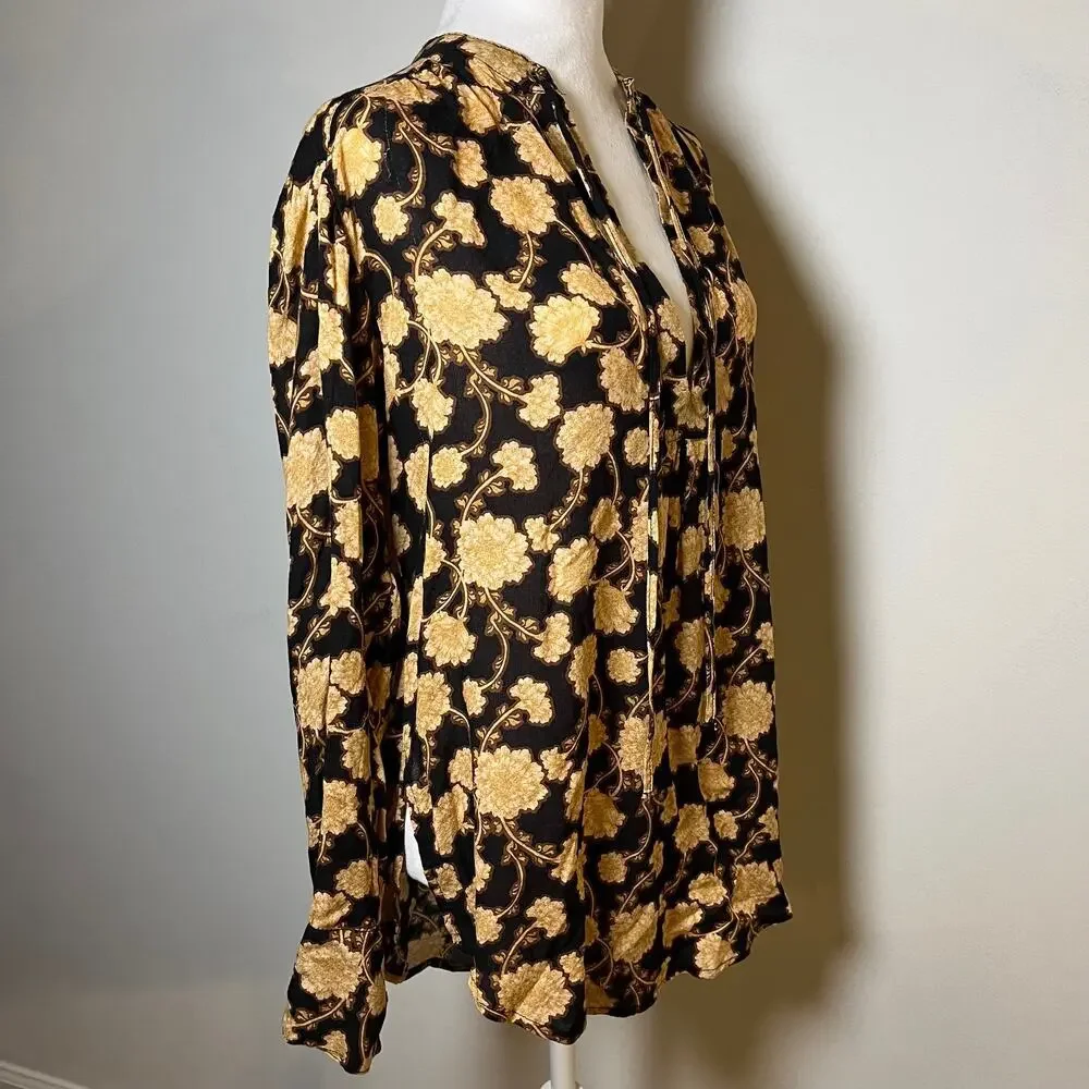 Free People Mia Tunic Floral Blouse Black Brown Size XS V-Neck Flow Boho Cottage