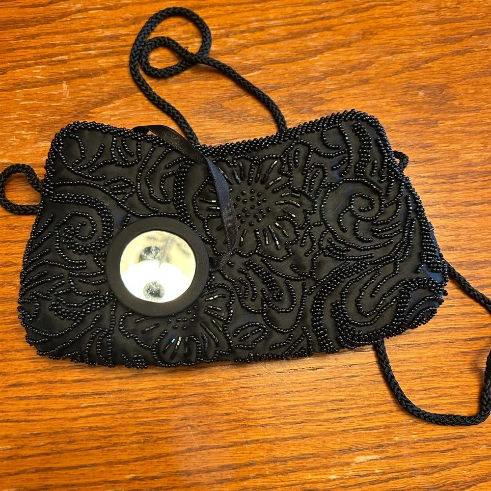 Valerie Stevens‎ Beaded Black Women's Small Purse with Pocket Mirror