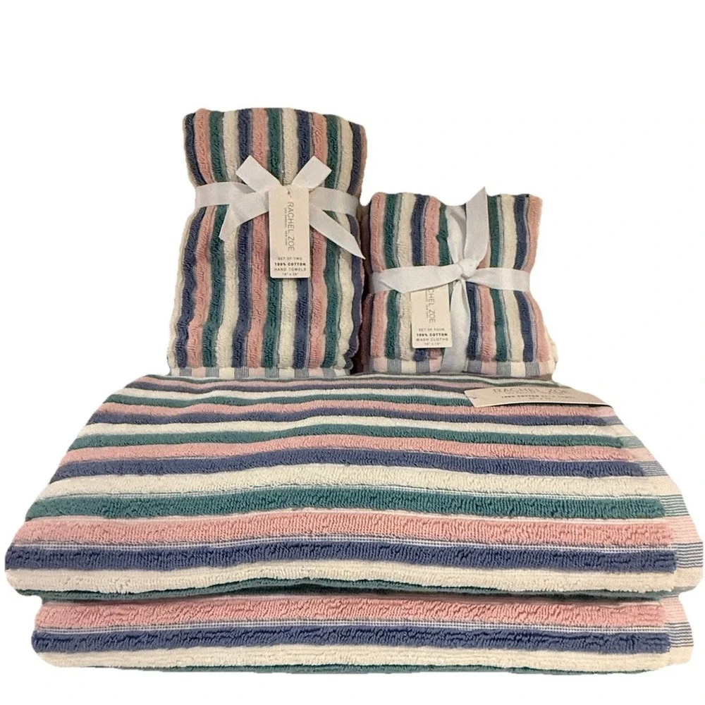 8pc Rachel Zoe Cotton Pink Teal Rainbow Striped Bath Hand Washcloth Towel Set
