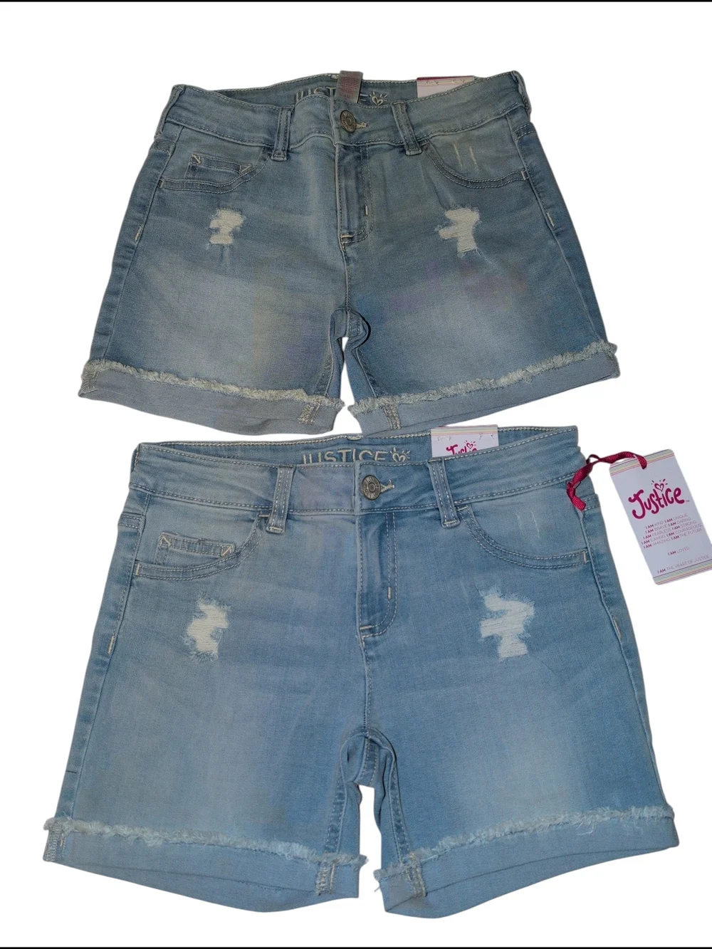 Nwt 2 Pack Justice Girls Stretch Distressed Denim Shorts Comfy Soft Midi 14 Slim