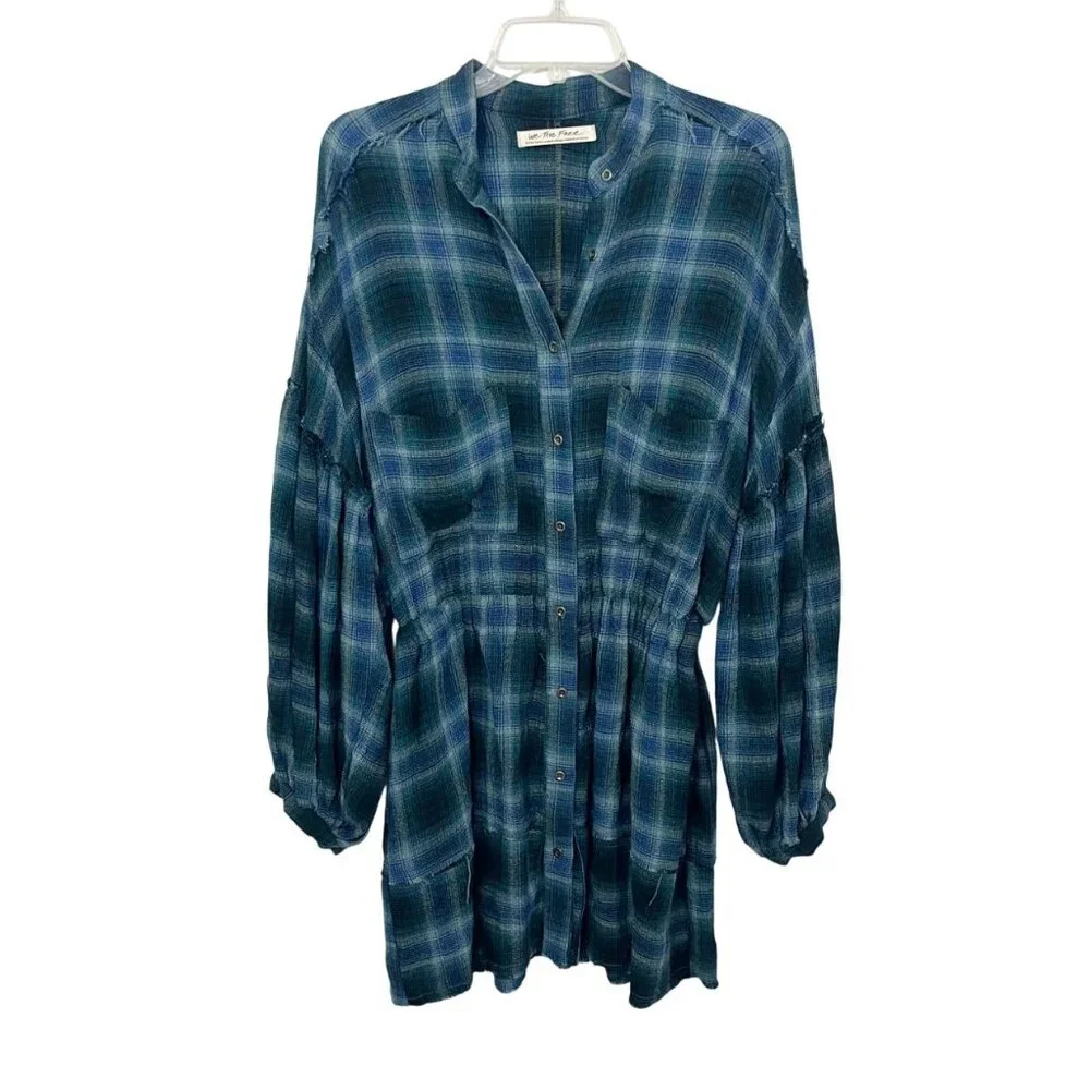 Free People By The Way Navy Plaid Long Sleeve‎ Mini Shirt Dress Grunge - Size XS