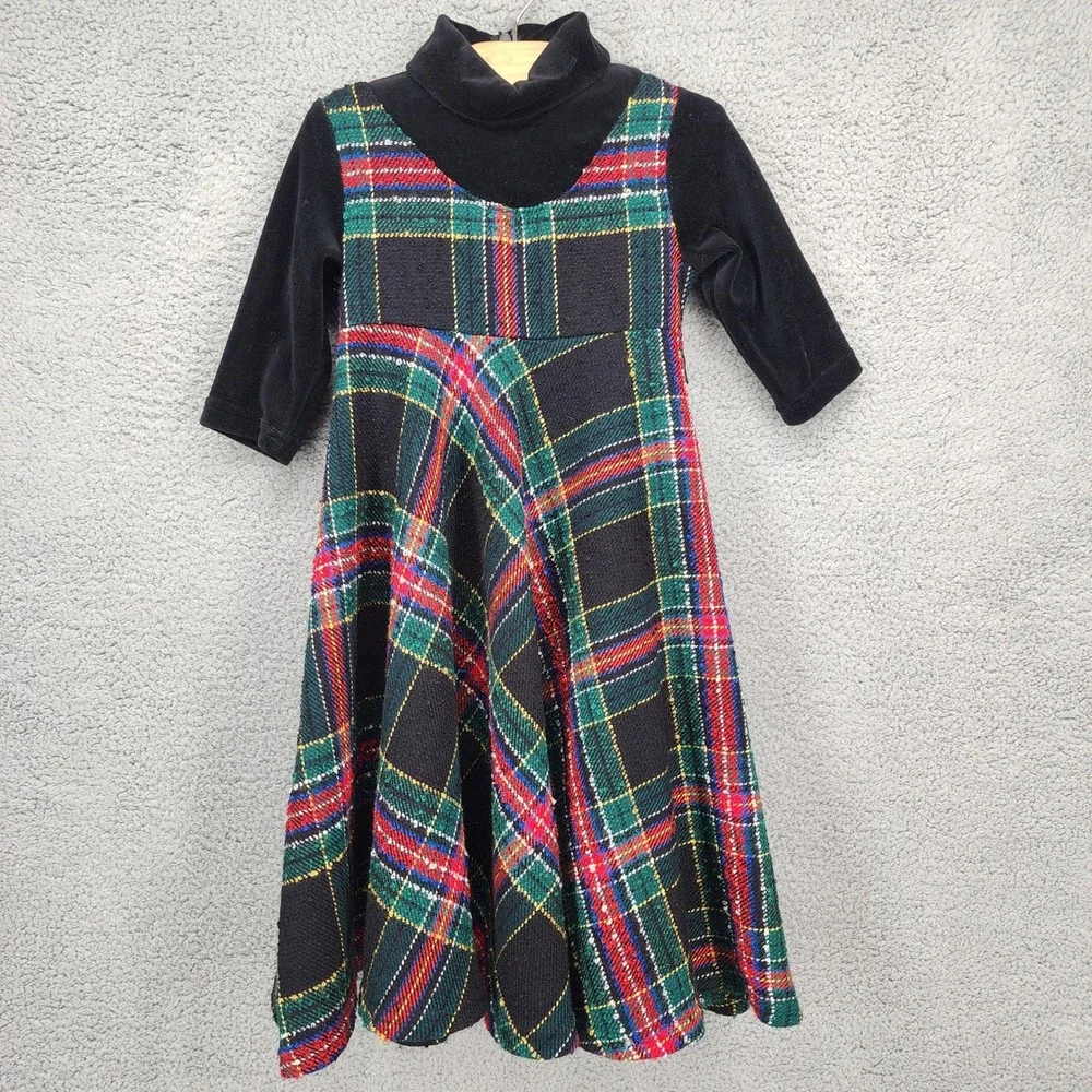 Cozi Kidz Plaid Dress Vintage Girls Size 2 Black‎ Velvet Trim Party Holiday