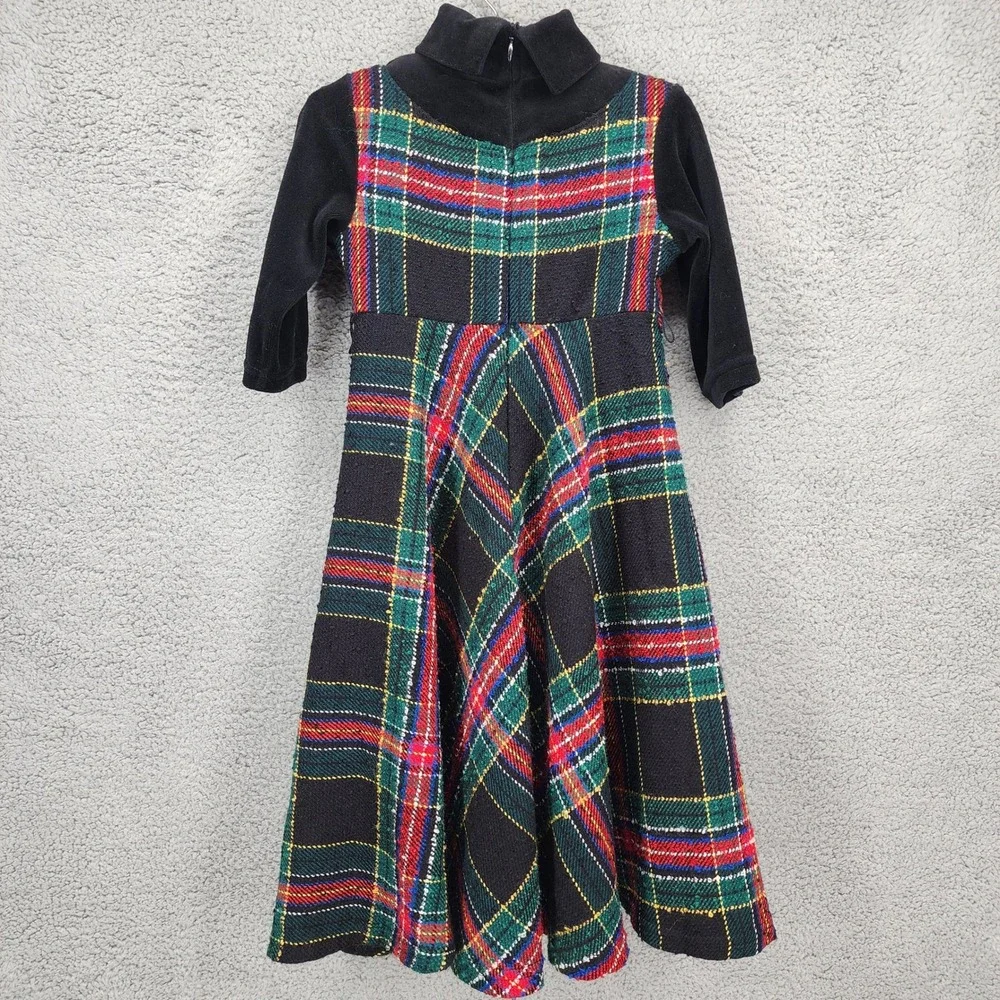 Cozi Kidz Plaid Dress Vintage Girls Size 2 Black‎ Velvet Trim Party Holiday