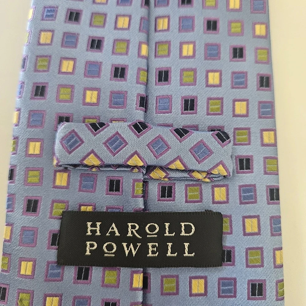 Harold Powell Tie Mens Silk Geometric Square Gold & Blue Made In Italy 58x4 inch