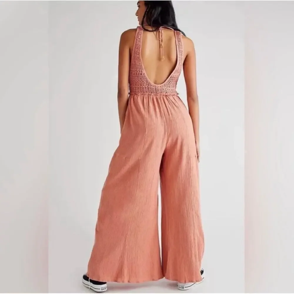 NWT Free People Soleil Wide Leg Jumpsuit Women's Peach Size Medium