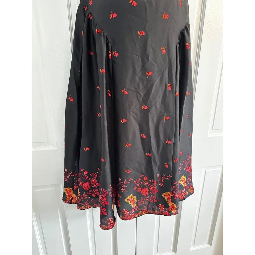 Free People On My Own Floral Satin Nightgown Black Red Midi Slip Dress Small