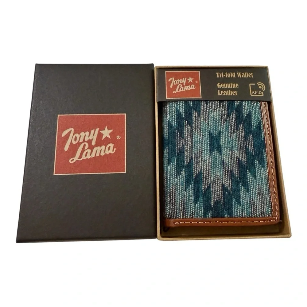Tony Lama RFID Trifold Wallet – Genuine Leather & Fabric Front – New in Box