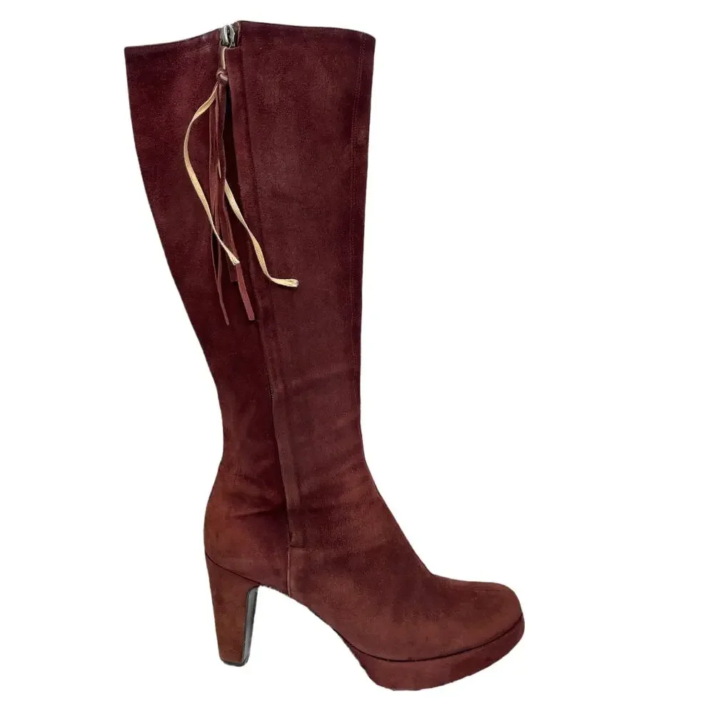 Pollini Suede Knee High Boot Womens SZ 6.5 Maroon Tassel Tall Heel Double Zip