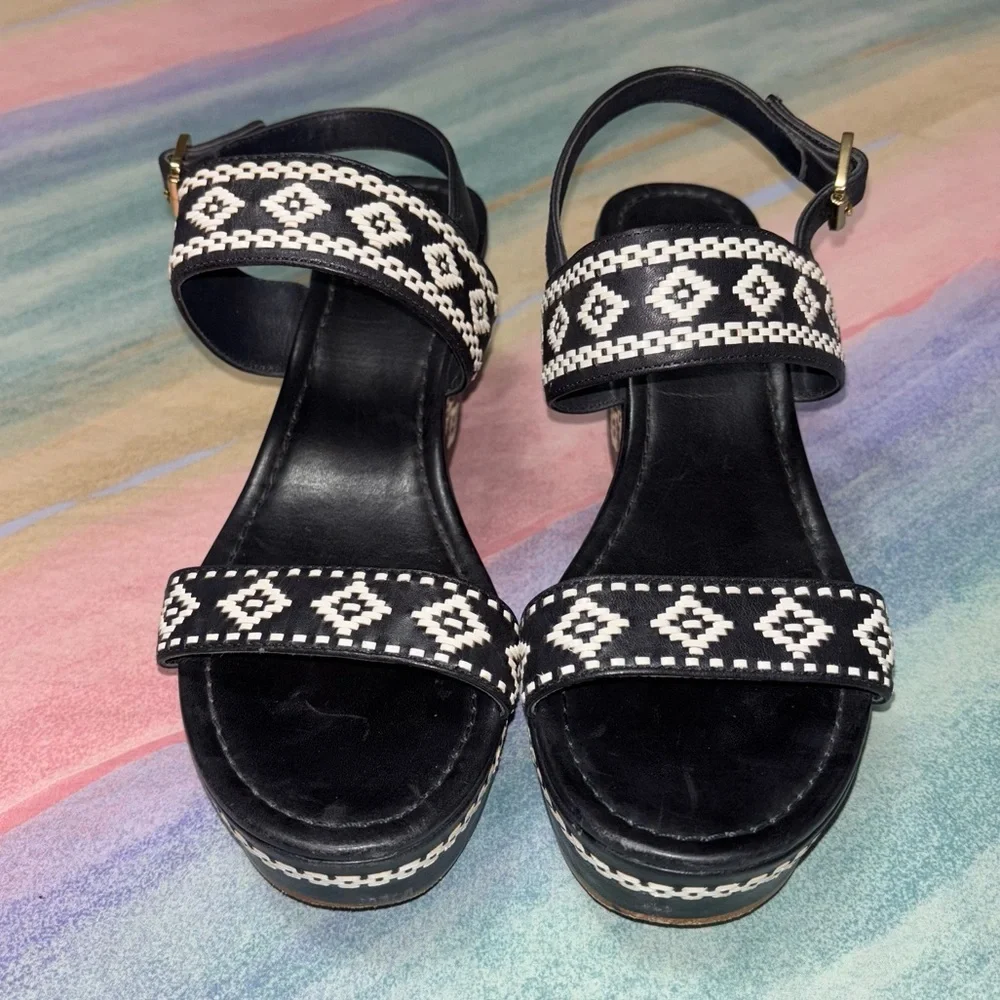 Tory Burch Reena Wedge Platform Sandal Size 10.5 Aztec Design