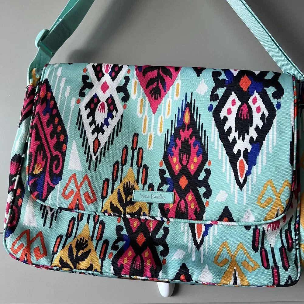 Vera Bradley‎ Messenger Bag Womens Aqua Ikat Crossbody Shoulder Purse Geometric