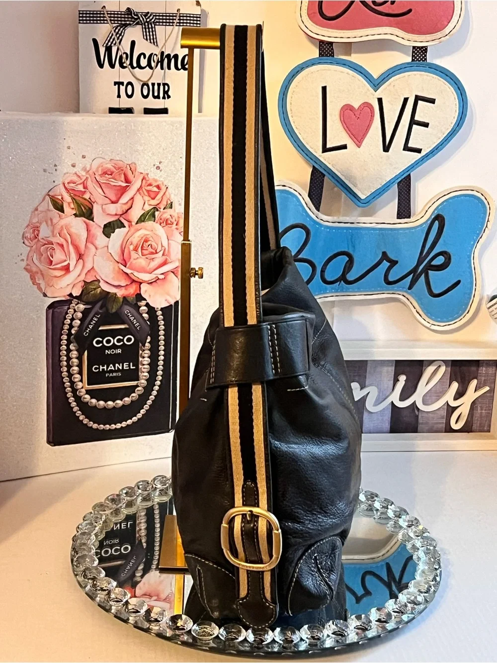 Michael Kors Black pebble Leather Shoulder Bag with Striped Strap