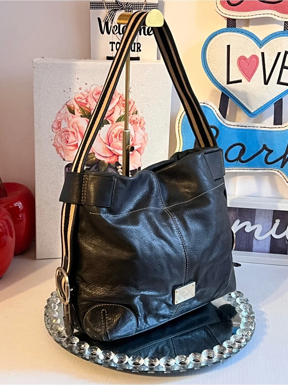 Michael Kors Black pebble Leather Shoulder Bag with Striped Strap