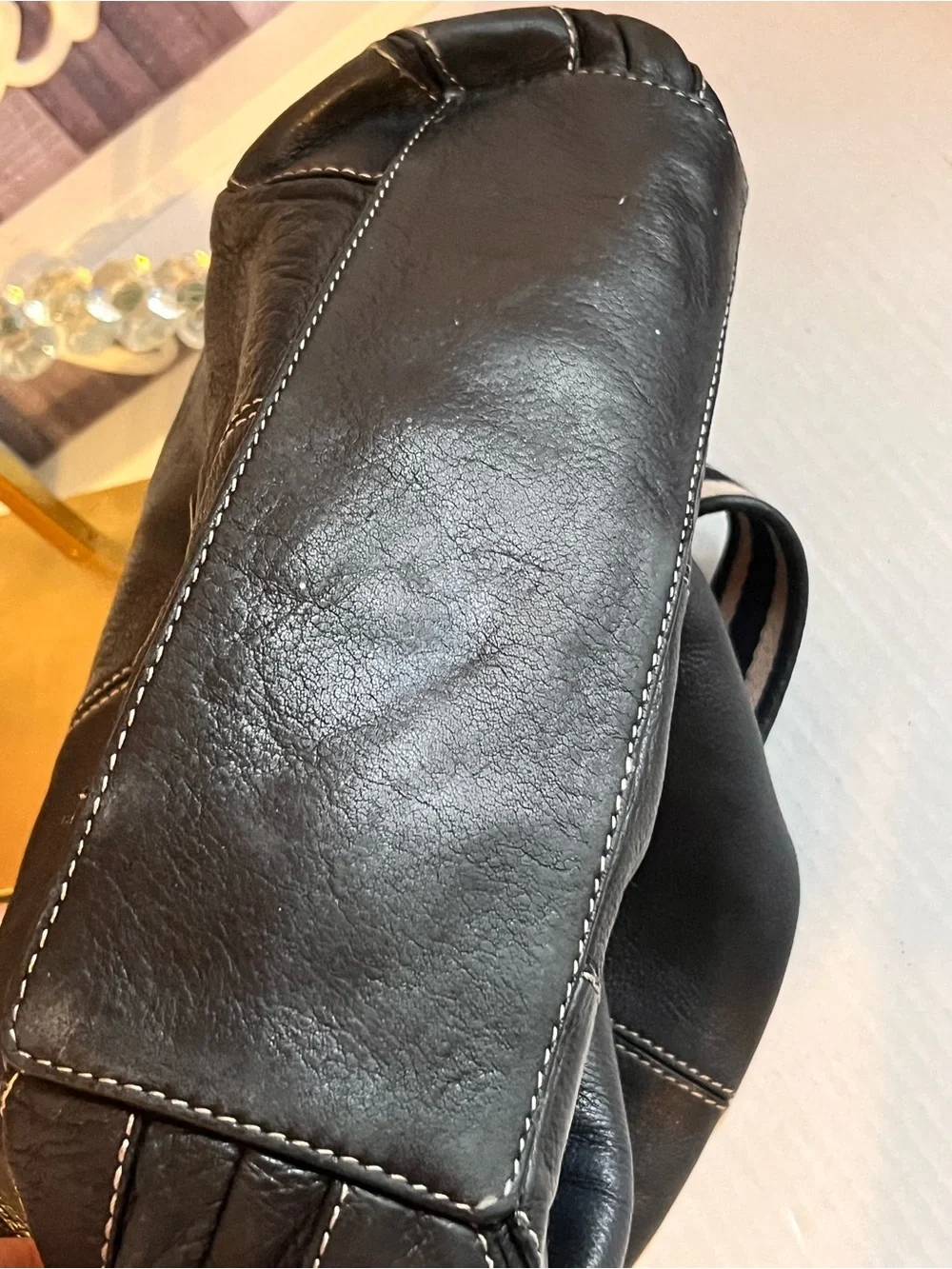 Michael Kors Black pebble Leather Shoulder Bag with Striped Strap
