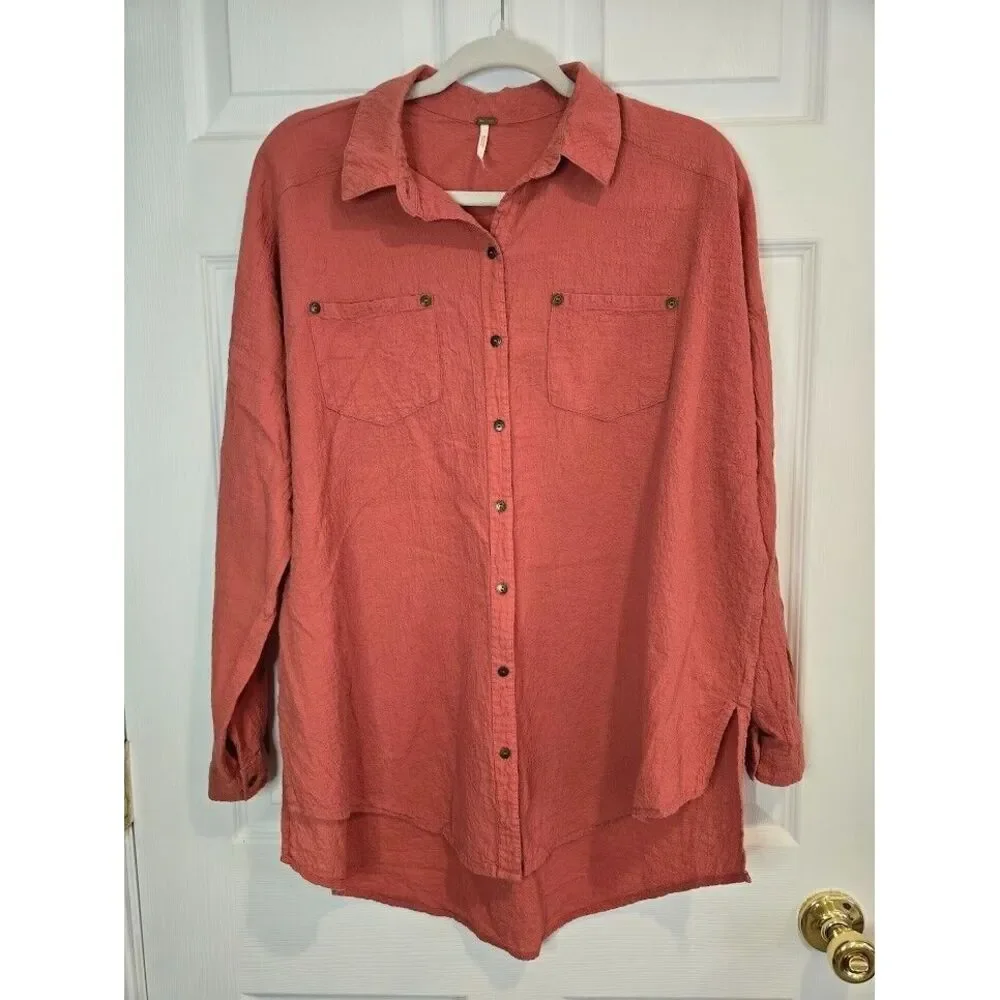 Free People Love Her Madly Long‎ XS Sleeve Button Up Tunic Shirt Coral Oversized