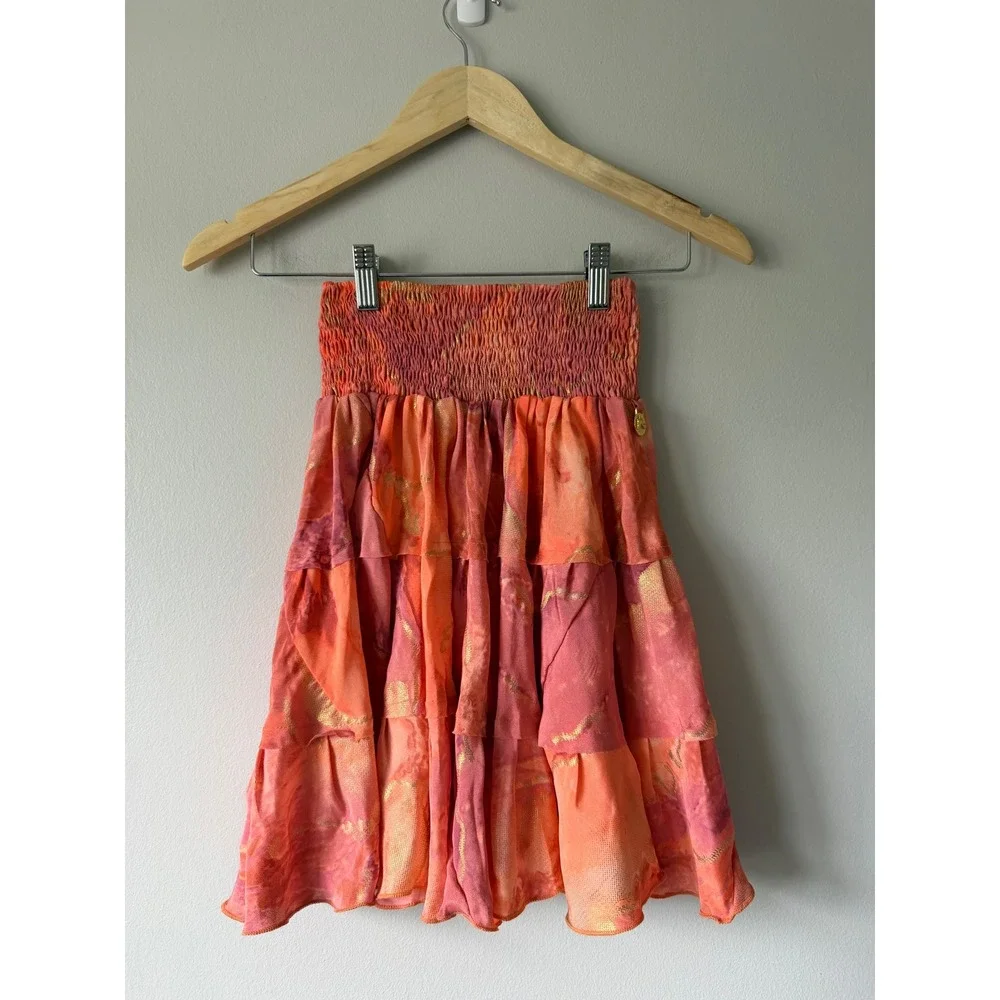 Pahiesa Formentera Silk Mini Skirt XS Tiered Smocked Ruffle Boho