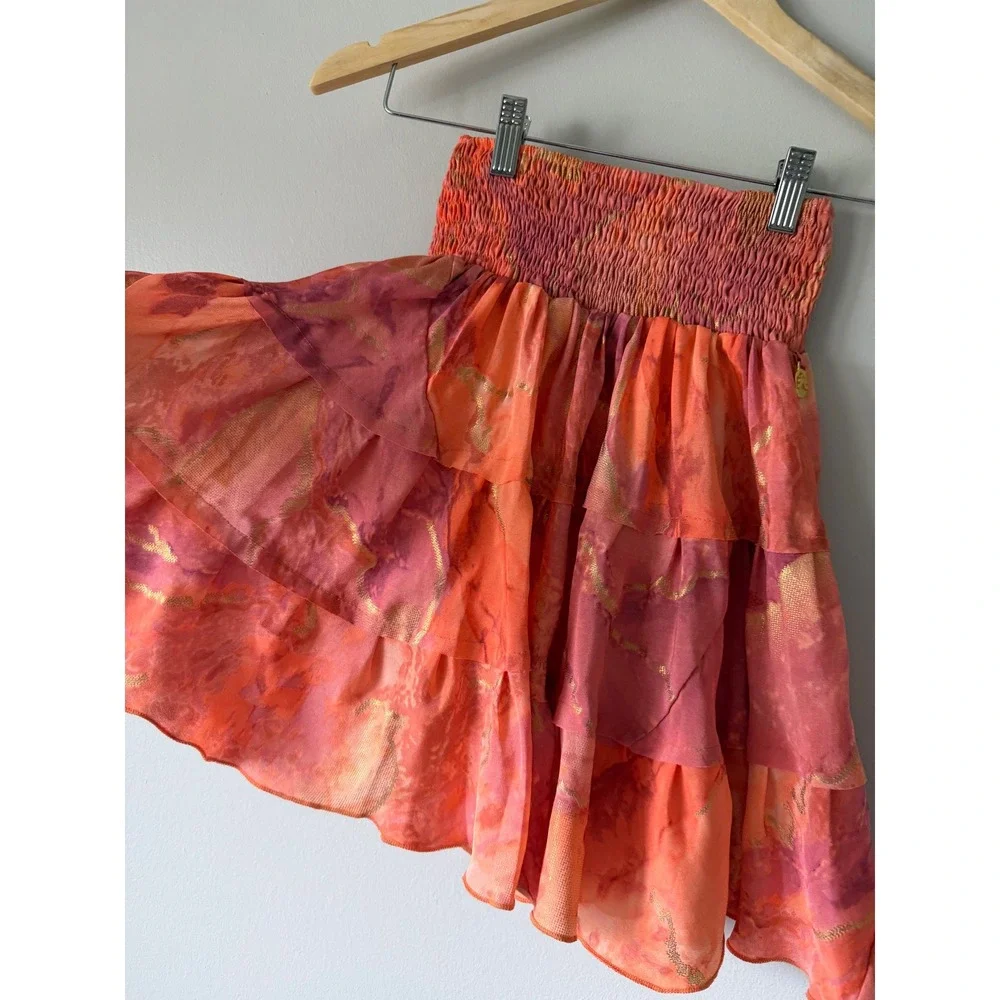 Pahiesa Formentera Silk Mini Skirt XS Tiered Smocked Ruffle Boho
