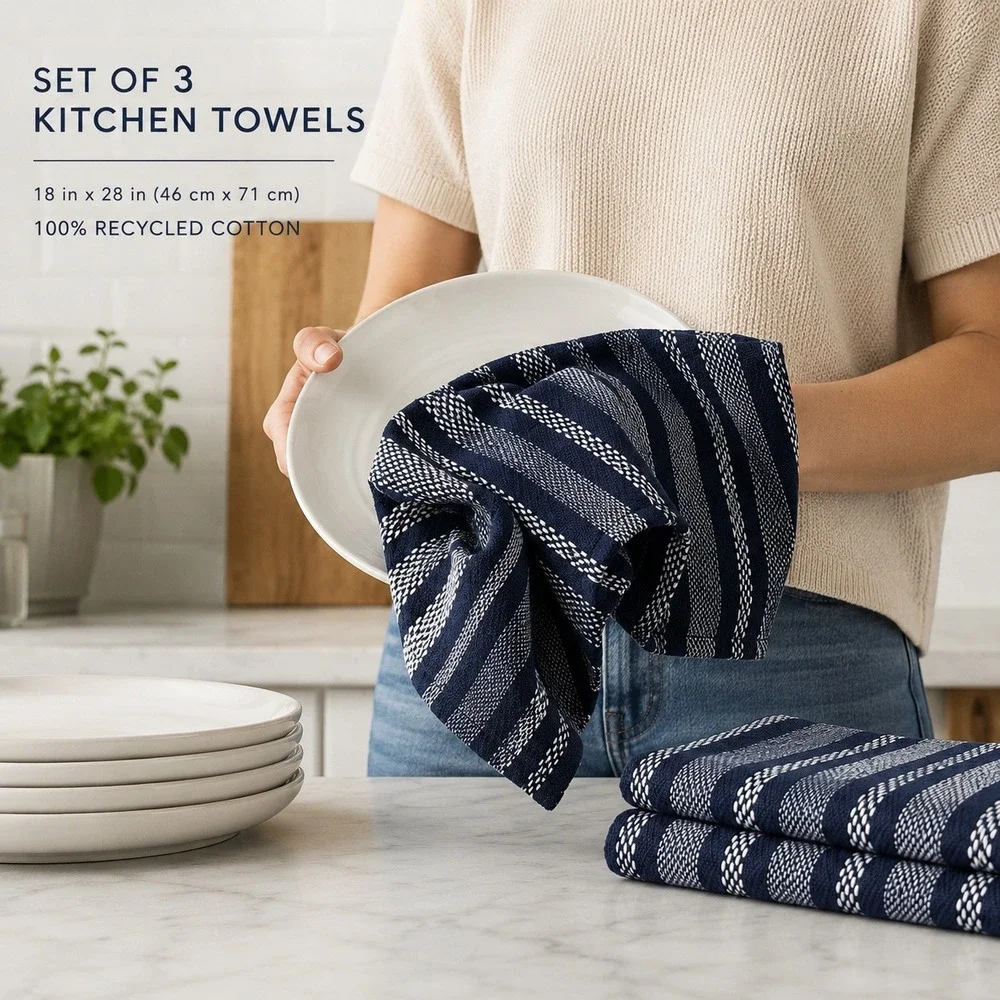 HOMEWEAR Navy Blue White Striped Kitchen Towels Set of 3 Recycled Cotton 18x28