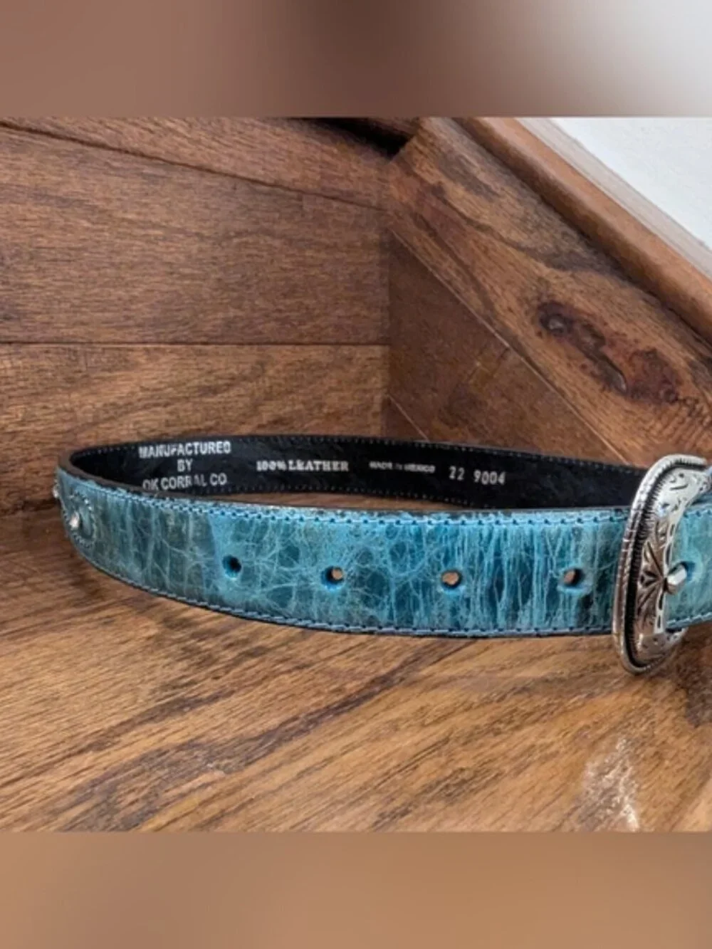 Western Belt Teal Leather, Silver Buckle White/Black Stitching & Gemstones Sz XS