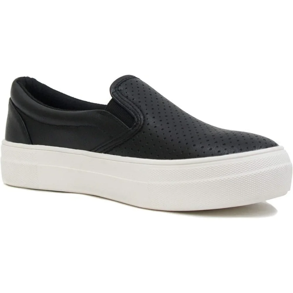 Women's Slip-On Platform Sneakers Memory Foam Faux Leather Black Size 6