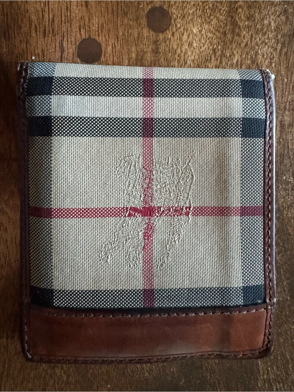 Men's Burberry Wallet in Beige Plaid with Brown Leather Trim