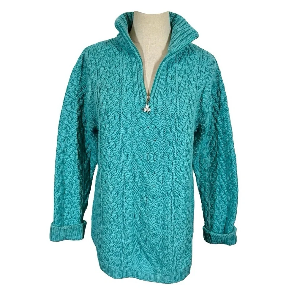 Aran Crafts 100% Merino Wool Turquoise Cable Knit 1/4 Zip Turtleneck Sweater