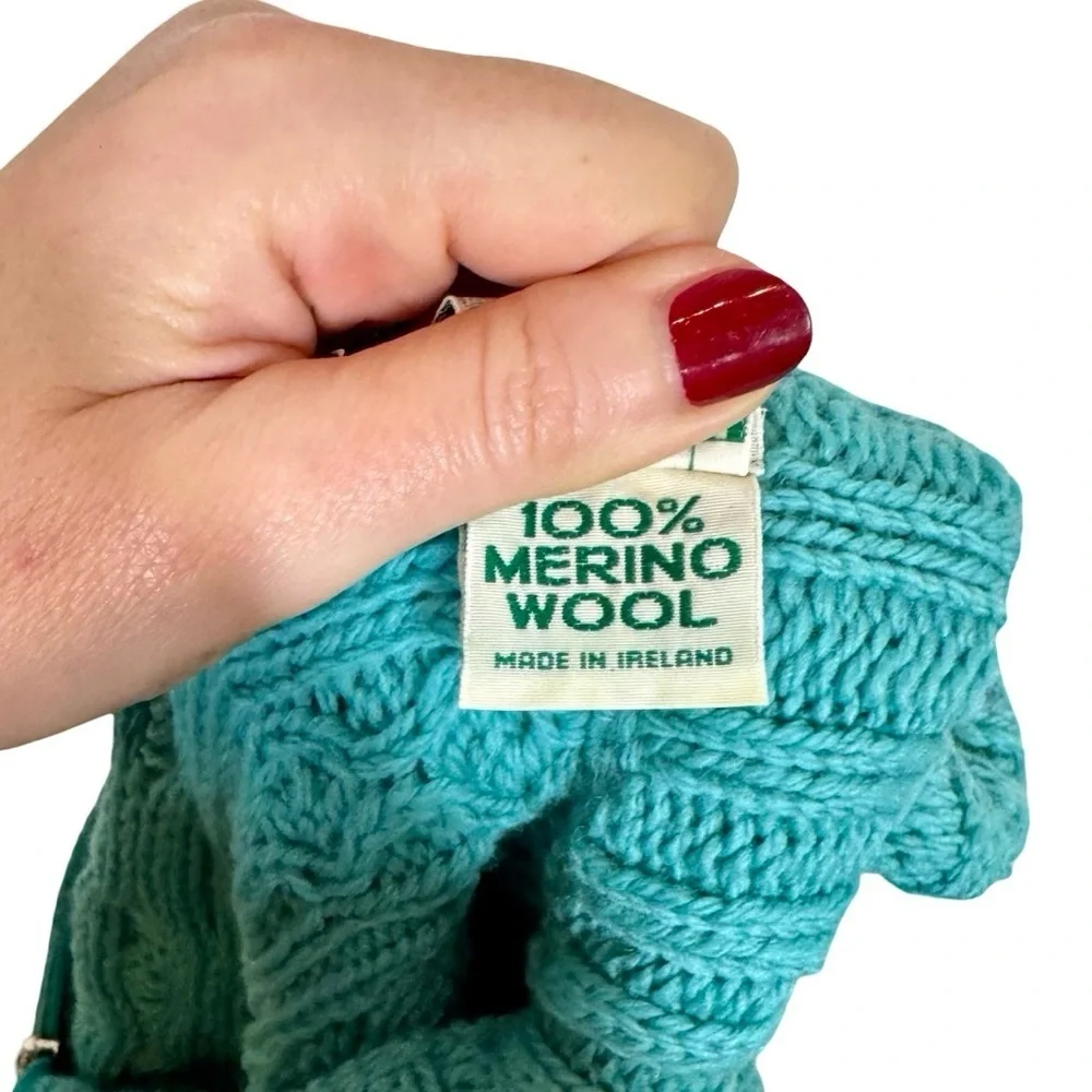 Aran Crafts 100% Merino Wool Turquoise Cable Knit 1/4 Zip Turtleneck Sweater