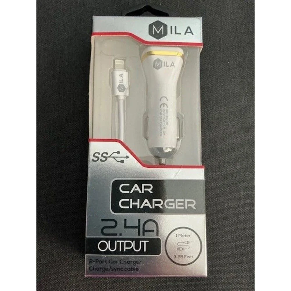 MILA Car Charger 2.4 A Output 2 Port 3.2 FT White IOS & Android Devices