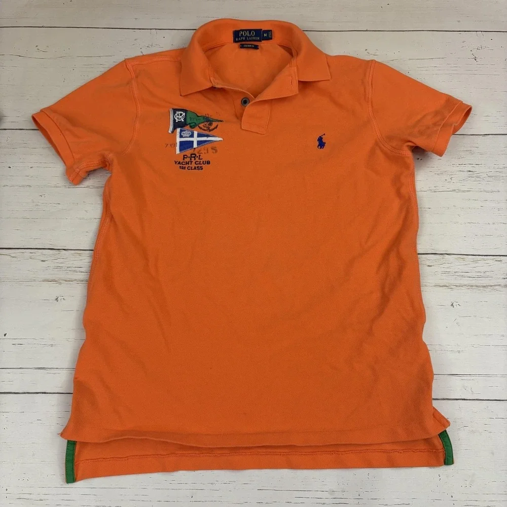 Polo Ralph Lauren Crest Polo Shirt Mens M Orange Custom Fit P-RL Yacht Club Flag