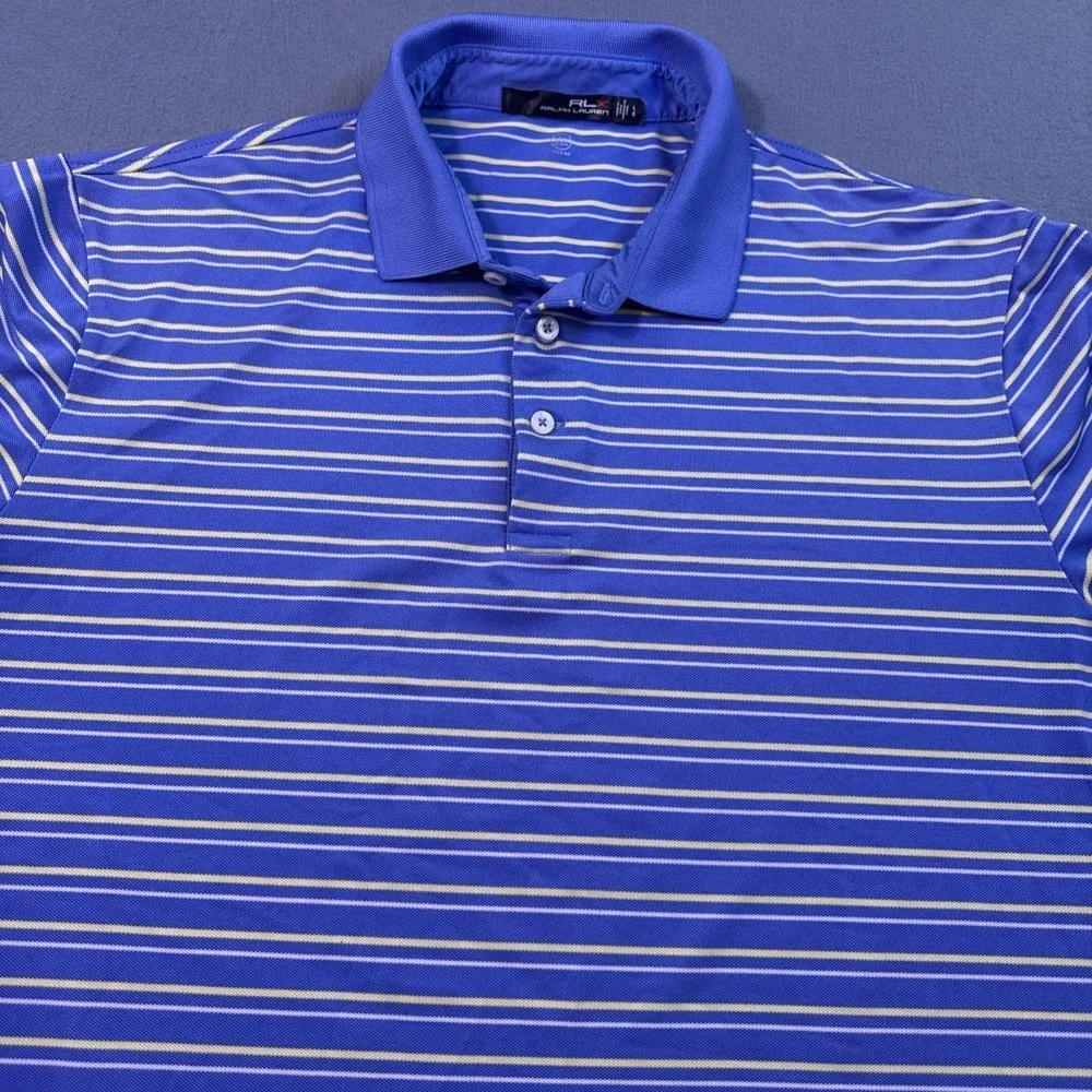 RLX Ralph Lauren Polo Golf Shirt MENS LARGE PERFORMANCE BLUE YELLOW  Stripe