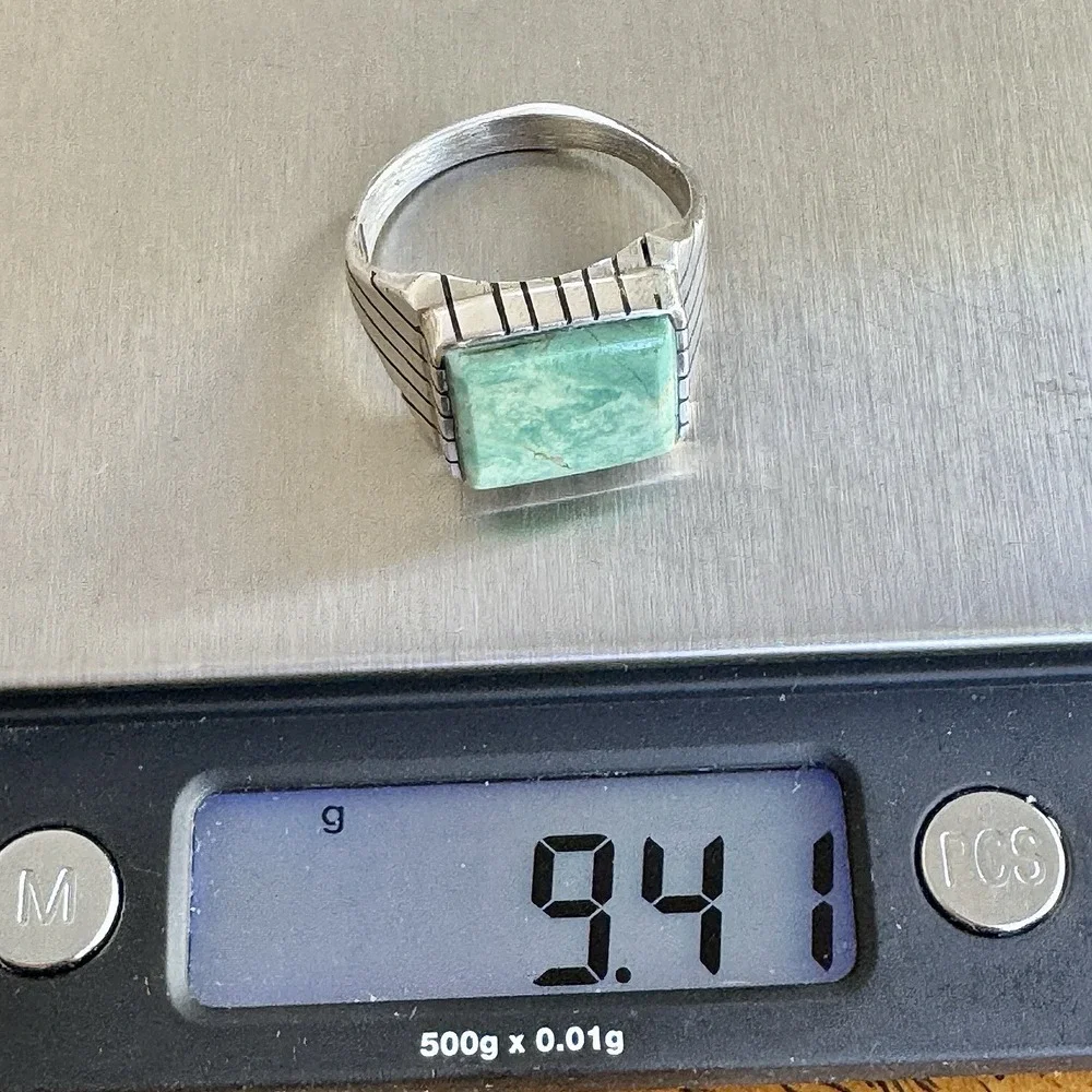 Navajo #8 Mine Turquoise Mens Ring Sz 12 Rectangle Signed Jack Sterling 14mm