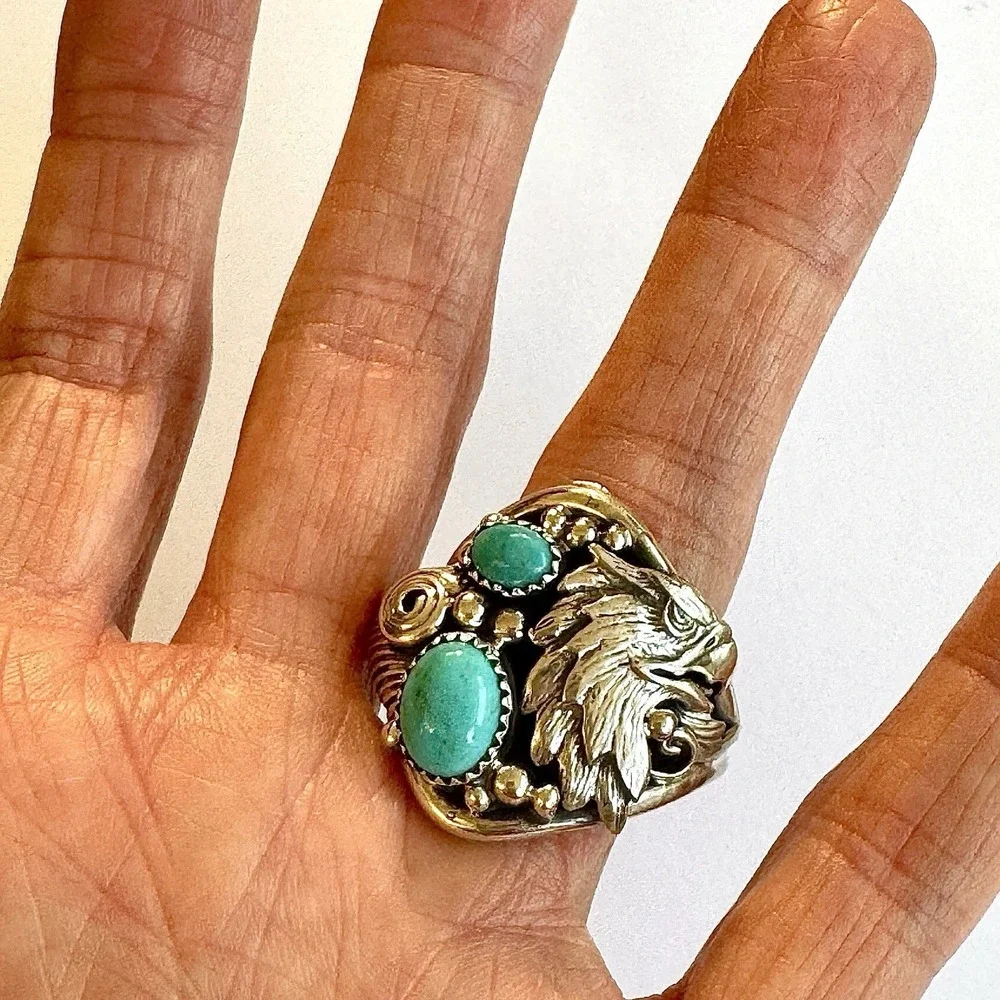 Navajo Eagle Turquoise Mens Ring Sz 14 Sterling Signed DM Native American USA