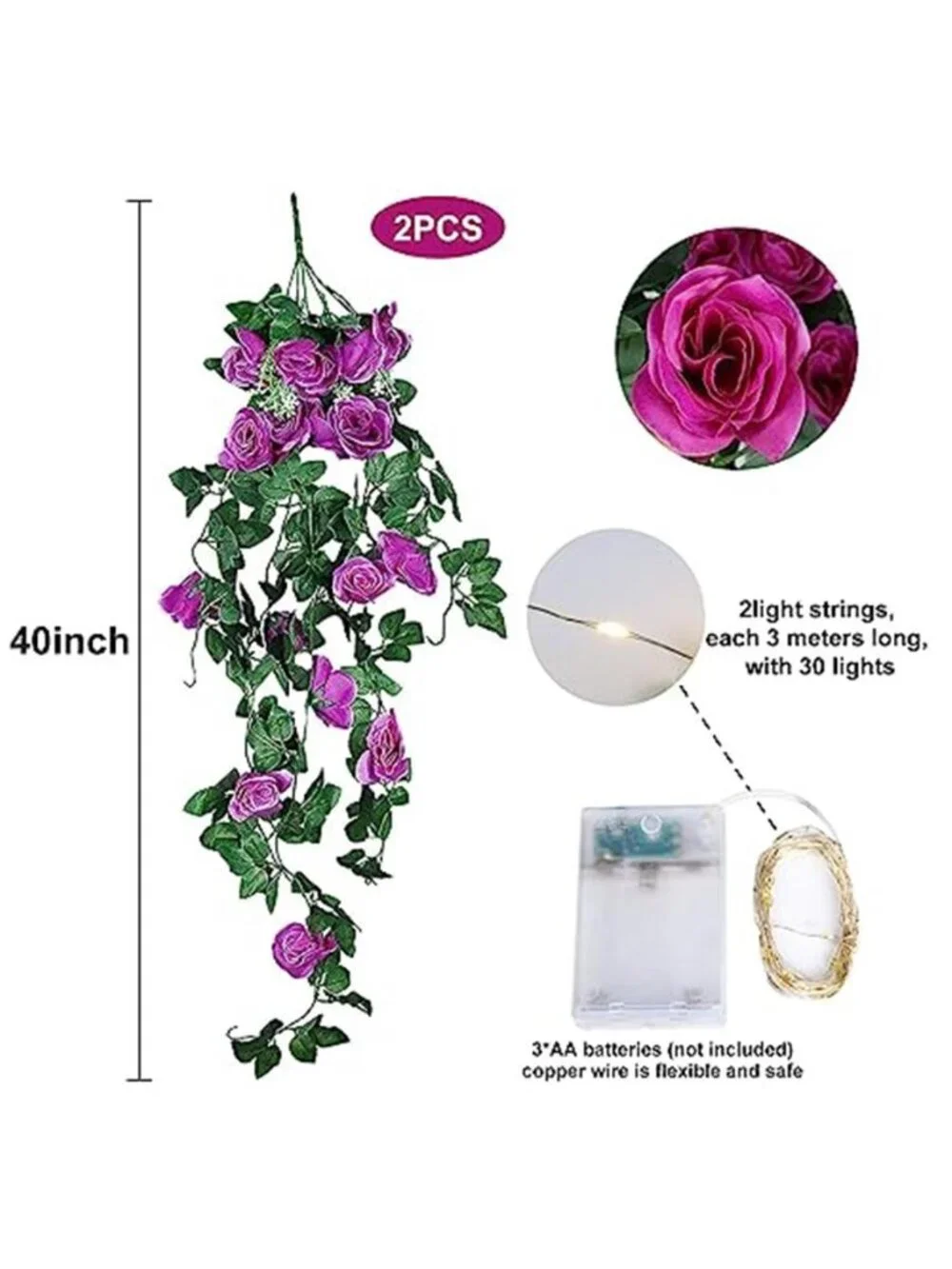 Purple Rose Fake Hanging Flowers LED Fairy Lights Indoor Outdoor Wall Decor