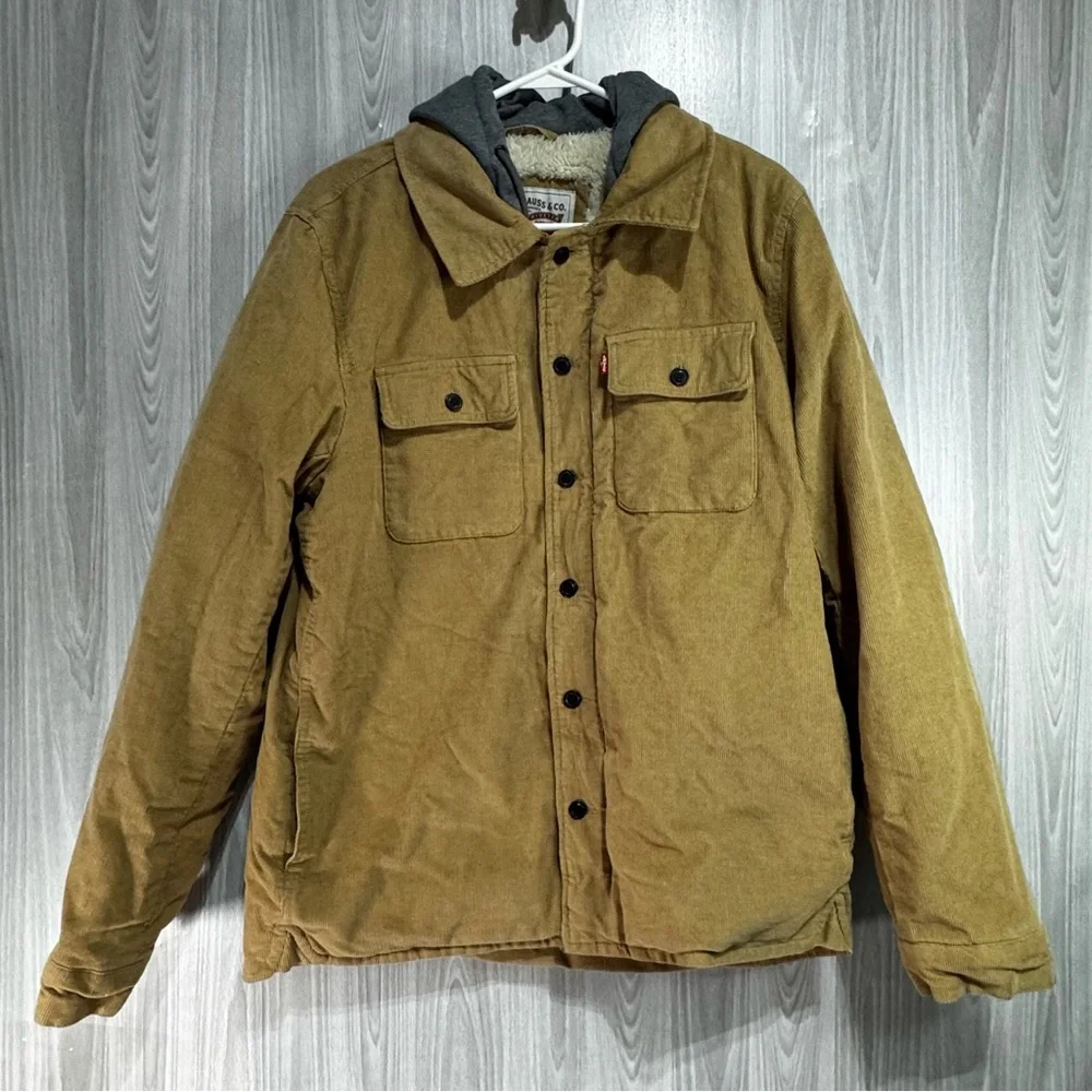 Levi's Corduroy Sherpa‎ Lined Trucker Jacket Tan Sweat Shirt Hood Sz Medium Mens