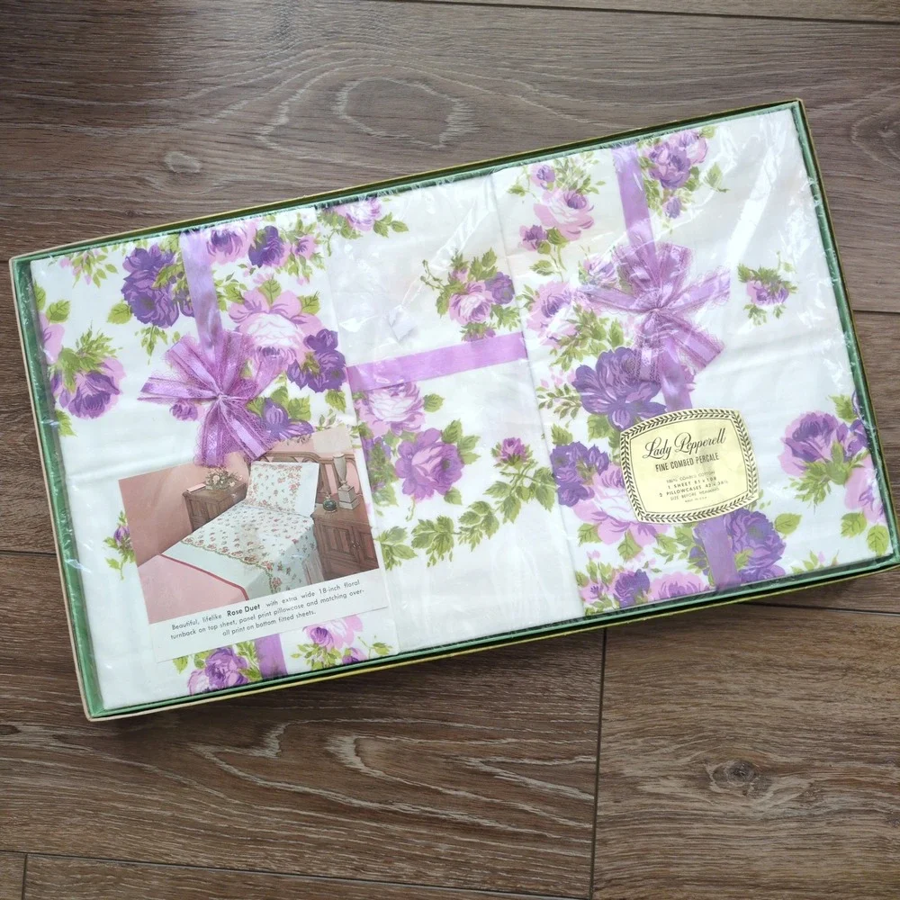 Vtg NOS Lady Pepperell Full Sheet Set Flat + Pillowcases Purple Rose Sealed Box