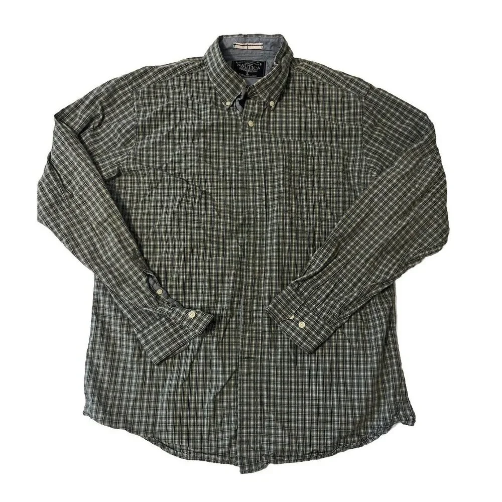 NAUTICA‎ Sea Voyage Mens L Button Down Green Plaid 100% Cotton Shirt