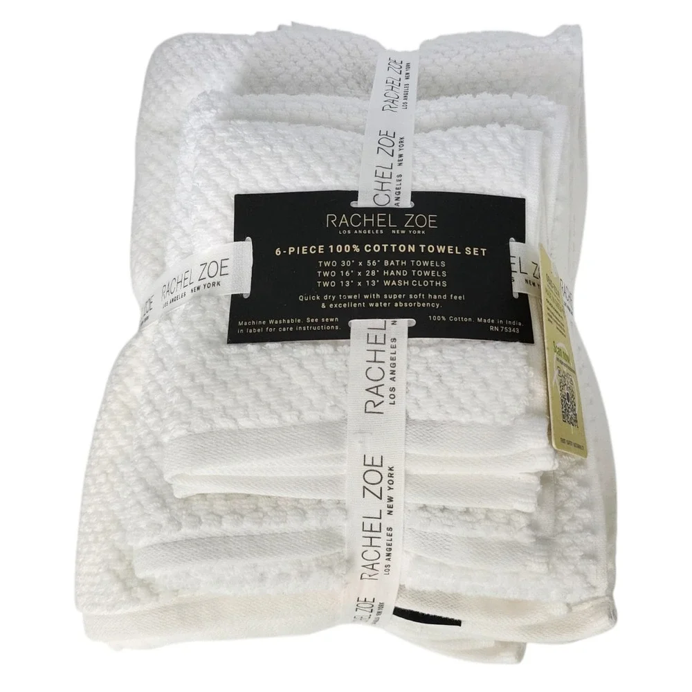 Rachel Zoe 6pc White Cotton Towel‎ Set 2 Bath 2 Hand 2 Washcloths
