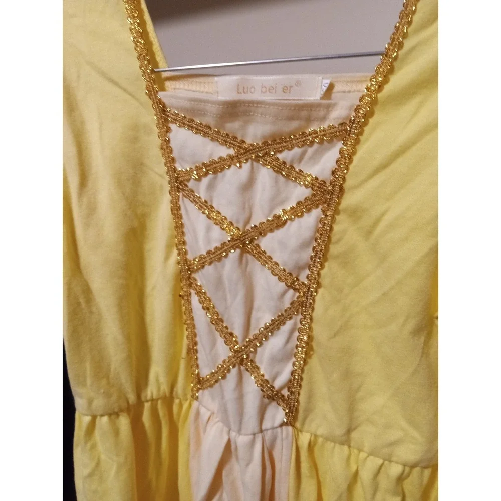 Luo Bei Er Kids Yellow Princess Costume Dress Puff‎ Sleeve Lace Up Size 150