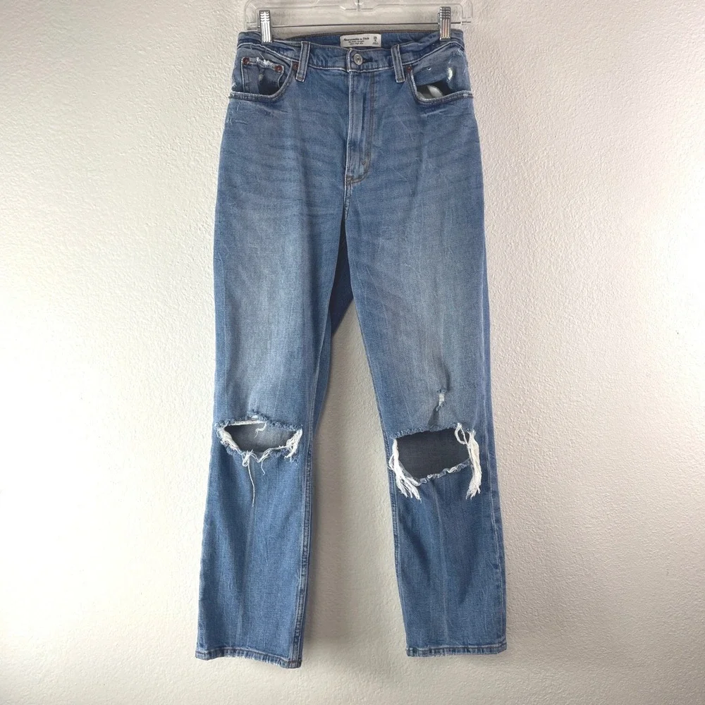 Abercrombie & Fitch Ankle Straight Jeans Women 28/6L Curve Love Blue Distressed