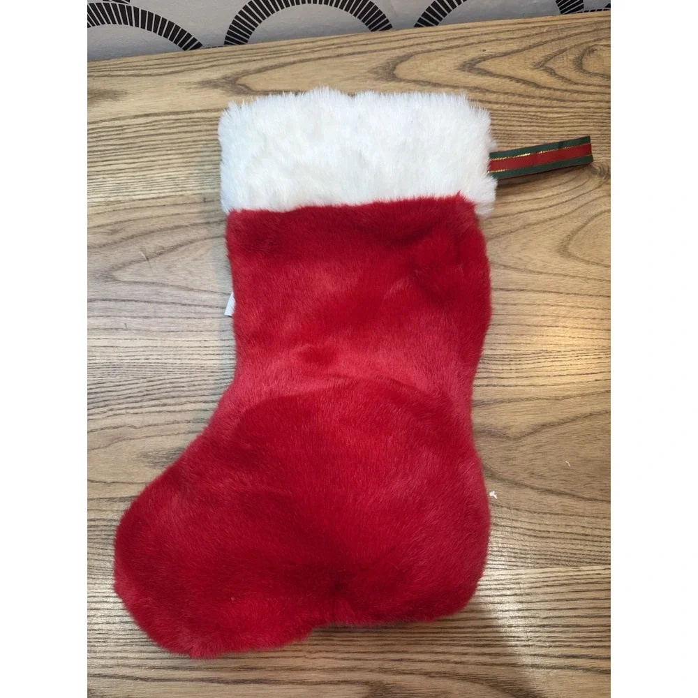 Christmas Holiday Stocking Soft brown‎ and white Plush Puppy dog red white 3D