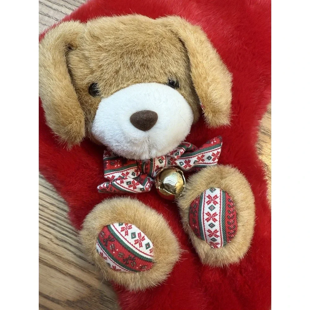 Christmas Holiday Stocking Soft brown‎ and white Plush Puppy dog red white 3D