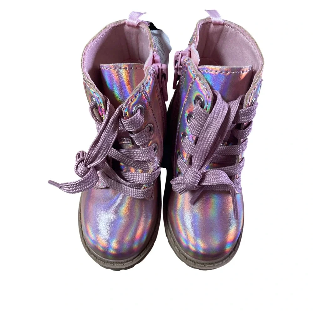 Old Navy Kids Pink Iridescent Holographic Lace Up Side Zip Combat Boots Size‎ 6