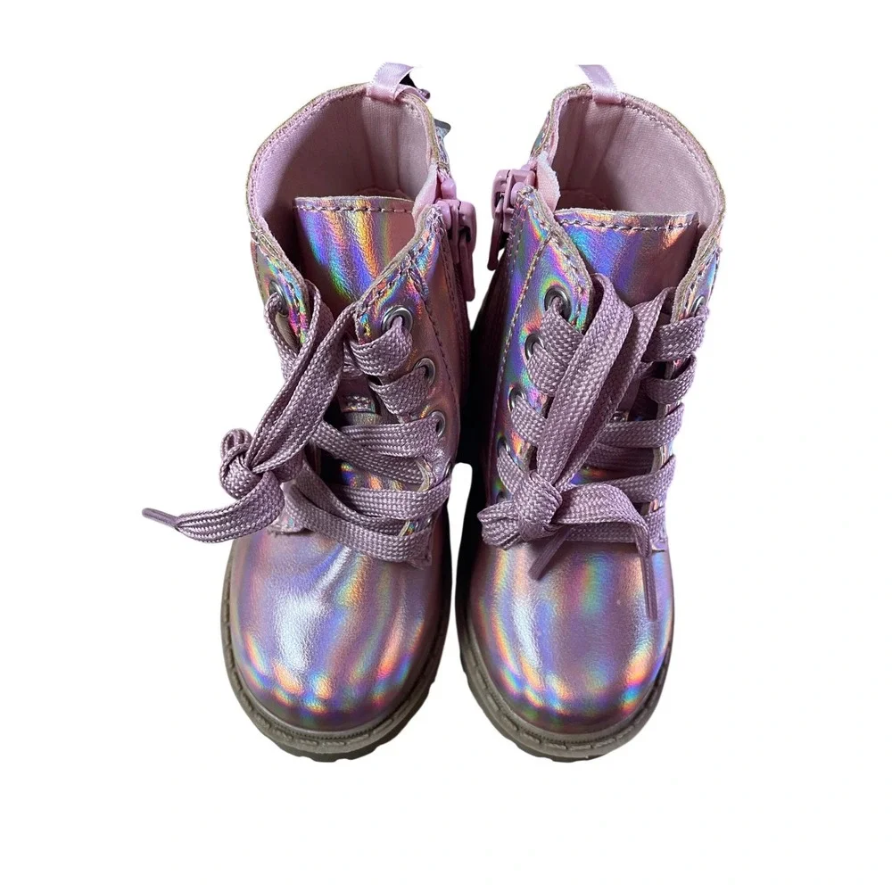 Old Navy Kids Pink Iridescent Holographic Lace Up Side Zip Combat Boots Size‎ 6