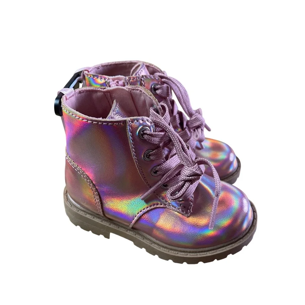 Old Navy Kids Pink Iridescent Holographic Lace Up Side Zip Combat Boots Size‎ 6