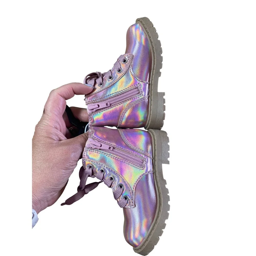 Old Navy Kids Pink Iridescent Holographic Lace Up Side Zip Combat Boots Size‎ 6
