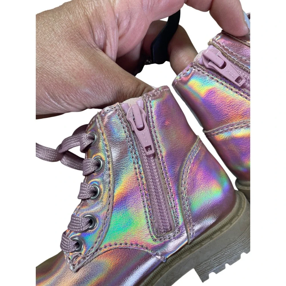Old Navy Kids Pink Iridescent Holographic Lace Up Side Zip Combat Boots Size‎ 6