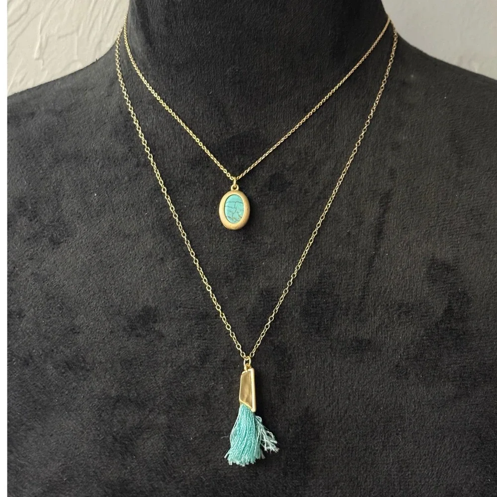 Gold Tone‎ Layered Necklace Faux Turquoise Oval Pendant Teal Tassel Boho Jewelry