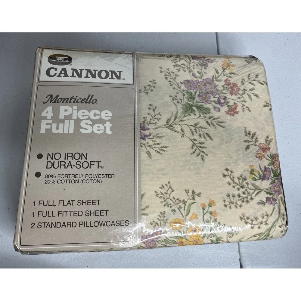 Vtg Cannon Monticello Elisa 4‎ Pc Full Sheet Set Flowers Flat Fitted Pillowcase