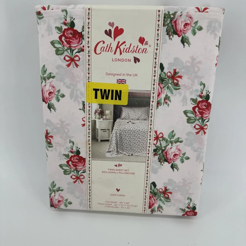 Cath Kidston TWIN Sheet Set Rose and Bow FLORAL 100% Cotton‎ Percale 200 TC New